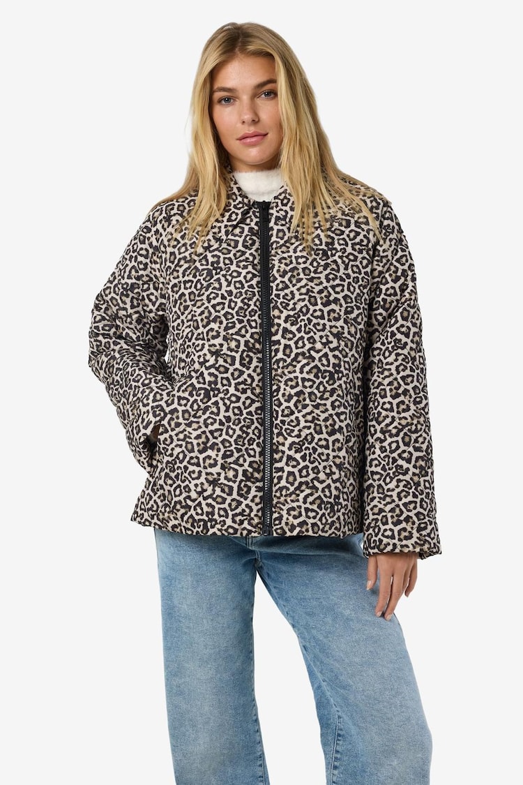 NOISY MAY Brown Leopard Print Quilted Zip Up Jacket - Image 1 of 1