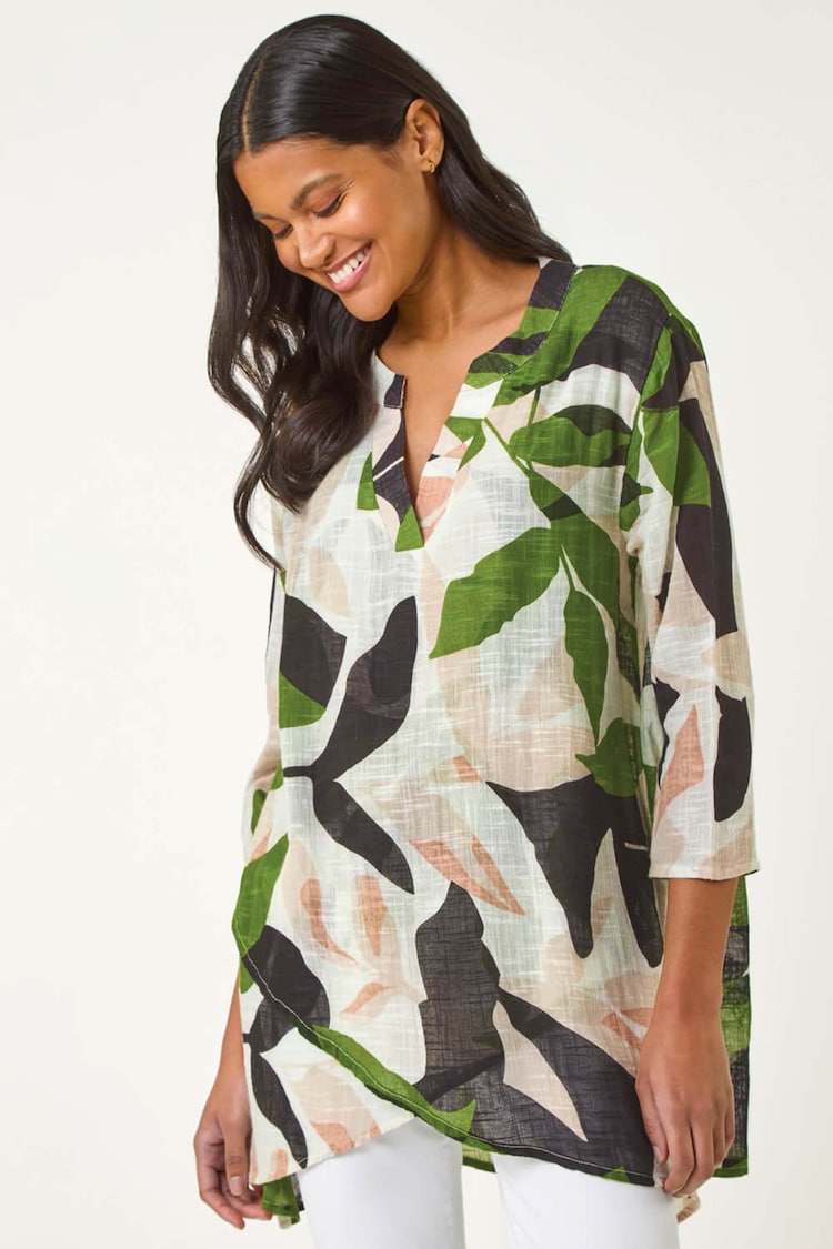 Roman Leaf Green Floral Print Pleat Front Top - Image 1 of 1