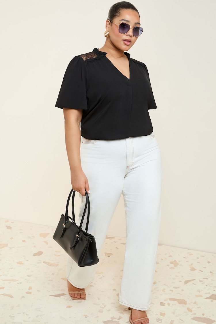 Friends Like These Black Curve Short Sleeve Lace Notch Neck Blouse - Image 1 of 1