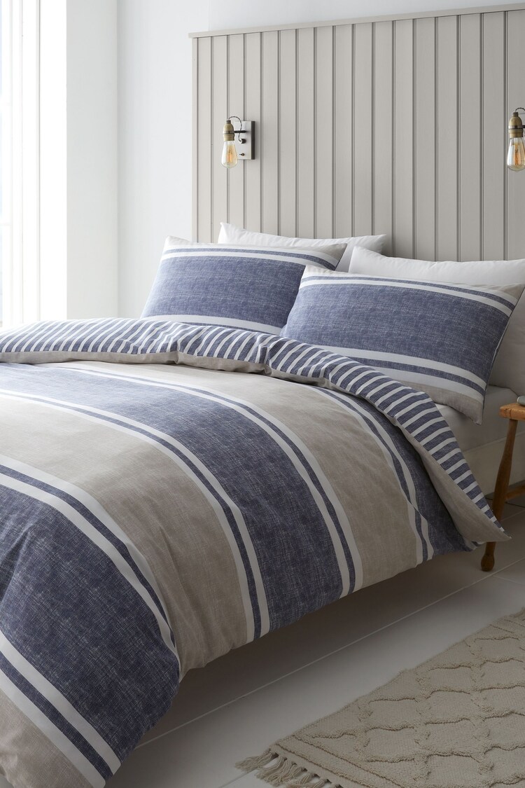 Catherine Lansfield Blue Textured Banded Stripe Reversible Duvet Cover Set - Image 1 of 1