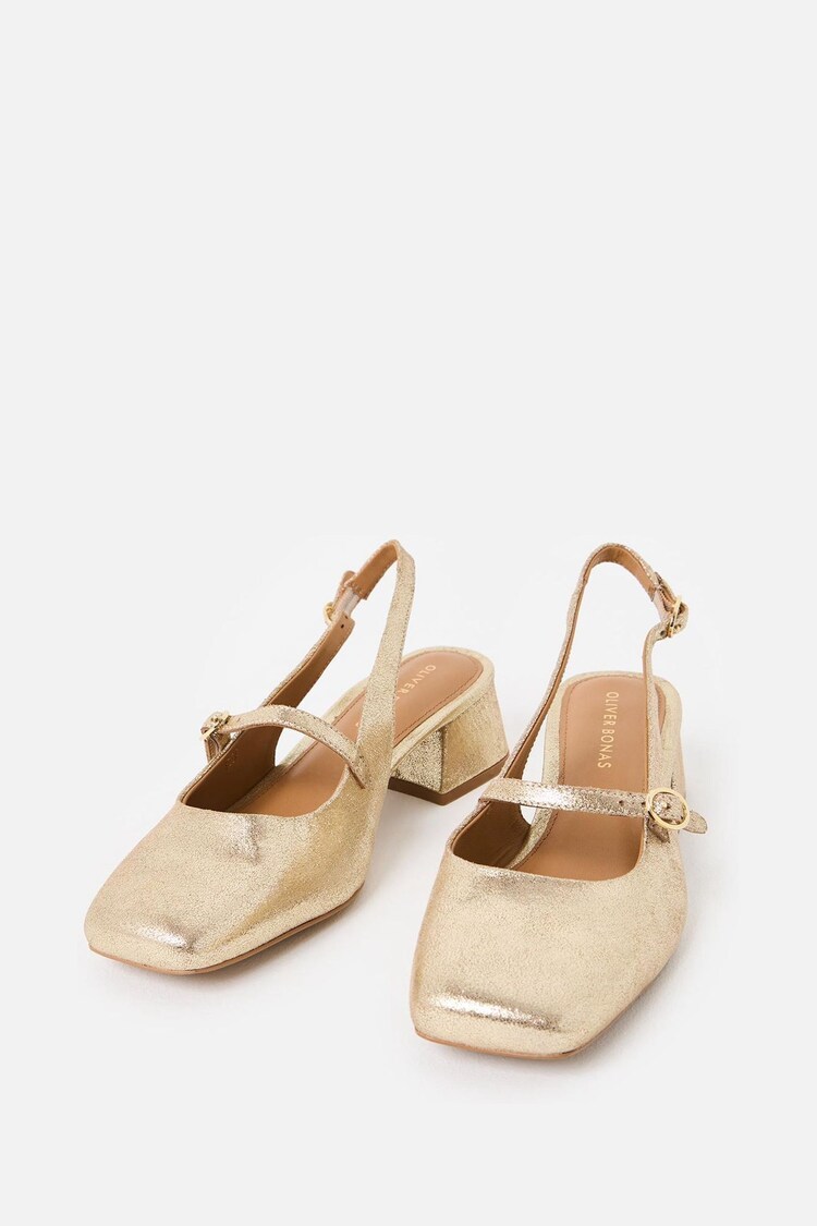 Oliver Bonas Gold Mary Jane Metallic Leather Heeled Slingbacks - Image 1 of 1