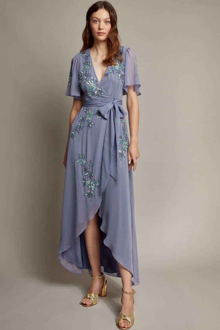 Monsoon Blue Sarah Floral Print Embellished Maxi Wrap Dress - Image 1 of 1