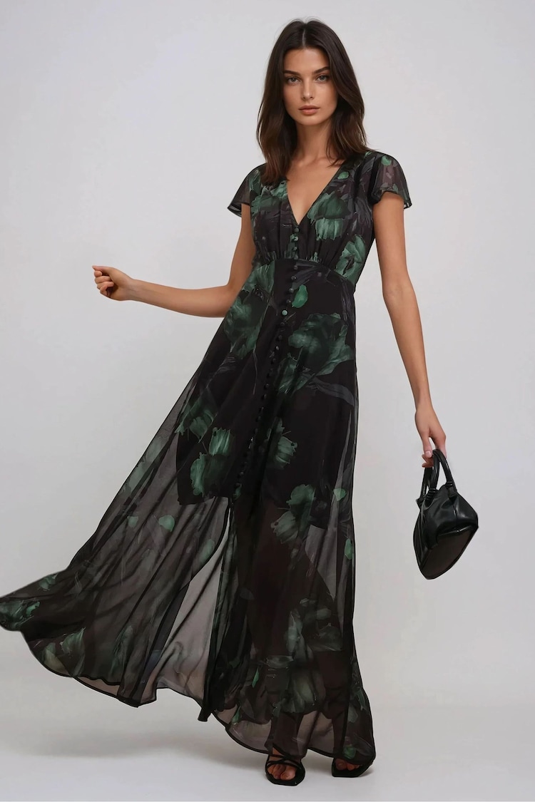 Religion Black Indium Maxi Dress With Button Thru Detail And Cap Sleeves - Image 1 of 1