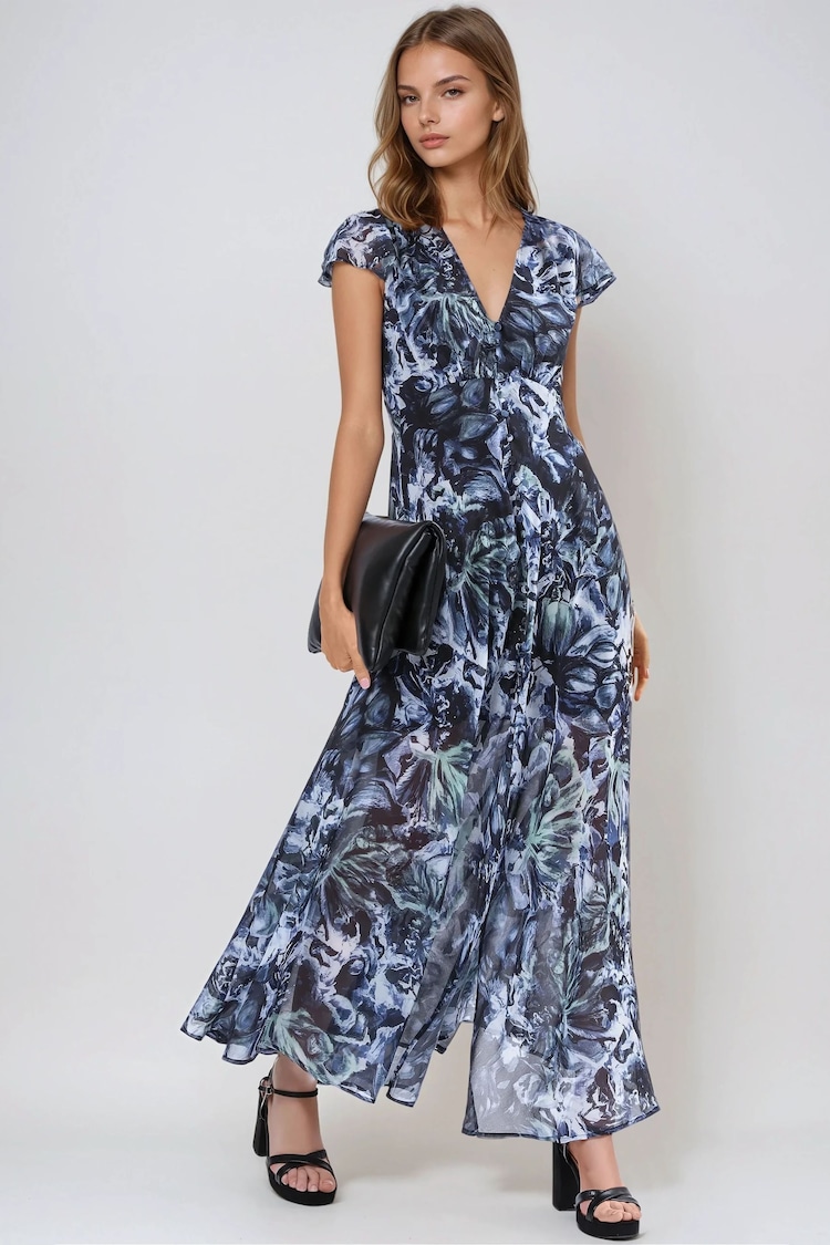 Religion Blue Indium Maxi Dress With Button Thru Detail And Cap Sleeves - Image 1 of 1