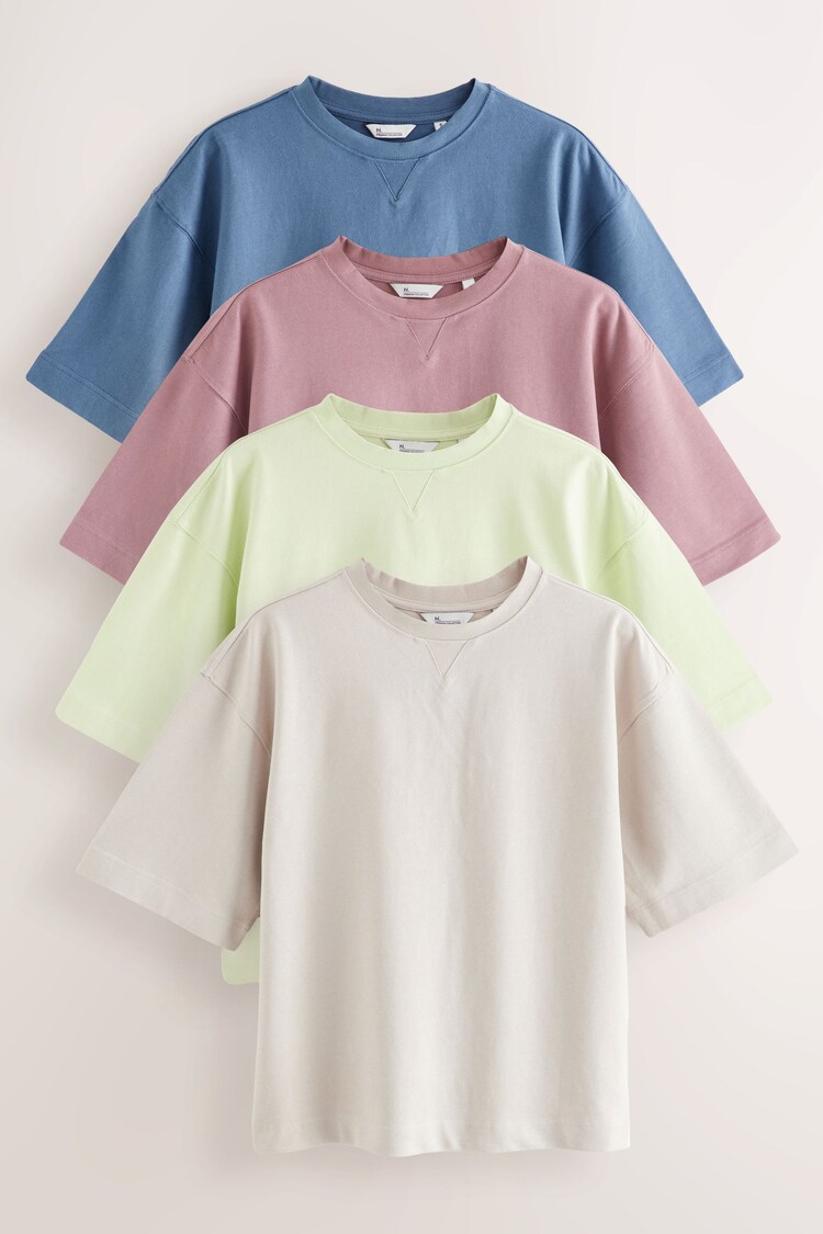 Blue/Grey/Pink/Lime Green Oversized Short Sleeve Soft Touch Peached Feel Heavyweight T-Shirts 4 Pack - Image 1 of 1