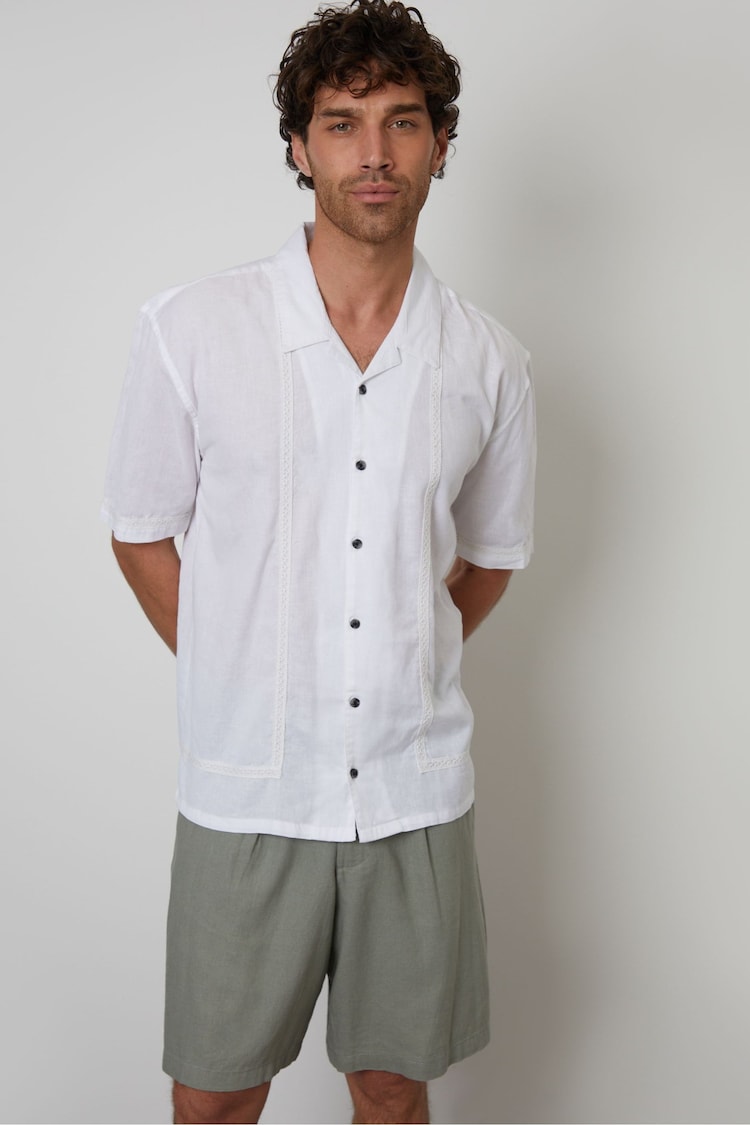 Threadbare White Relaxed Fit Linen Blend Lace Trim Shirt - Image 1 of 1