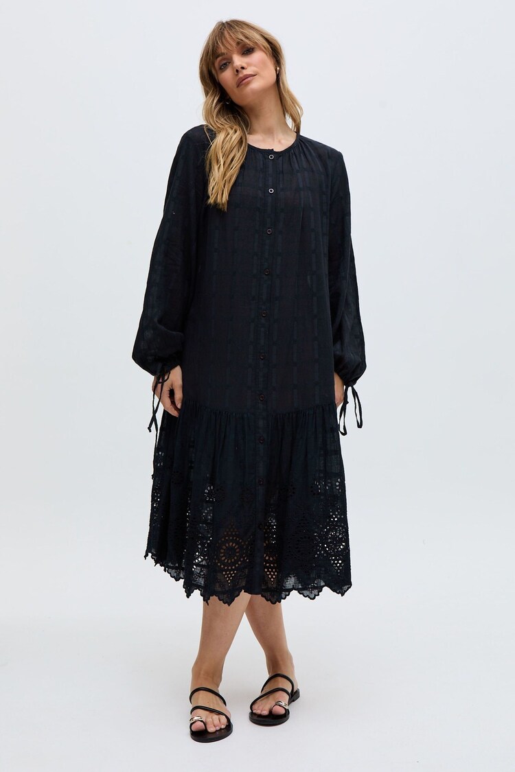 Raffya Black Olivia Button Down Embroidered Mini 100% Cotton Dress - Image 1 of 1