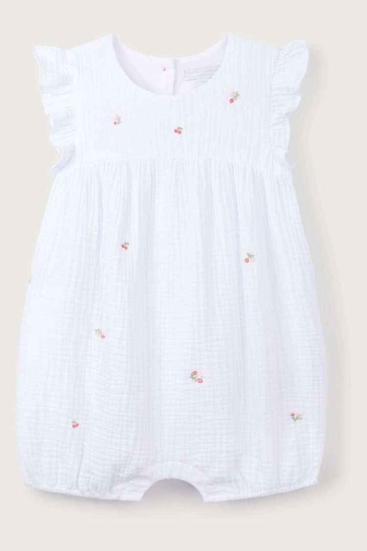 The White Company Baby 100% Cotton Crinkle Strawberry And Cherries White Shortie - Image 1 of 1