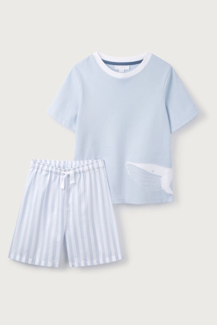 The White Company Blue Relaxed Fit 100% Cotton Whale Embroidered Shortie Pyjamas - Image 1 of 1