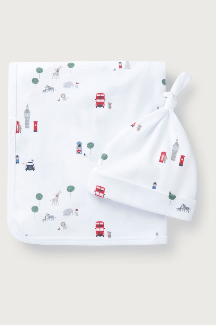 The White Company 100% Cotton Sightseeing London White Blanket And Hat Set - Image 1 of 1