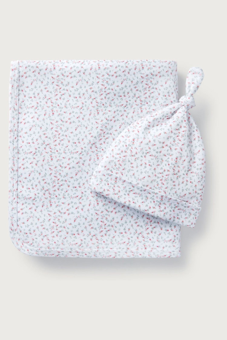 The White Company 100% Cotton Spring Berries Reversible White Blanket And Hat Set - Image 1 of 1