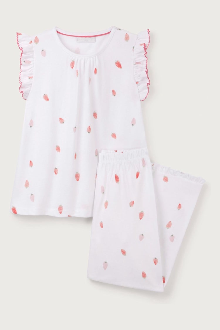The White Company 100% Cotton Flutter Sleeve Strawberry Relaxed Fit White Pyjamas - Image 1 of 1