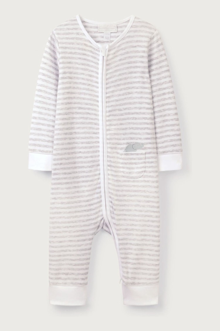 The White Company Grey 100% Cotton Elephant Pocket Stripe Zip Sleepsuit - Image 1 of 1