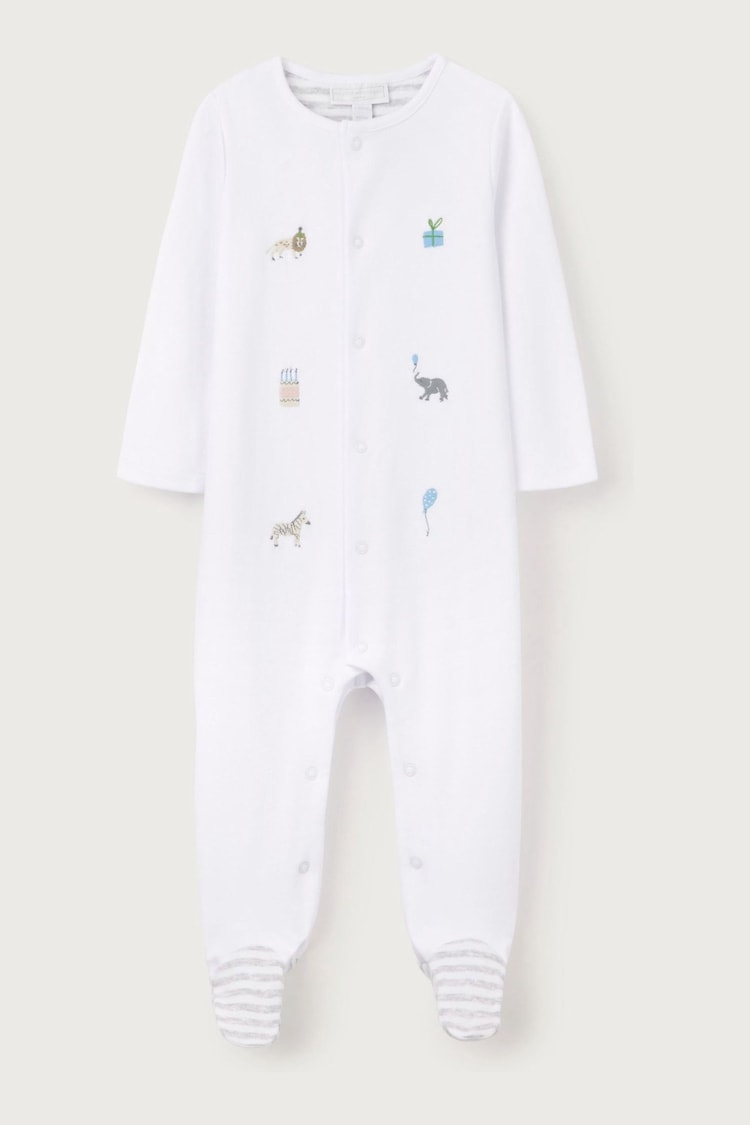 The White Company 100% Cotton Party Animals Print Embroidered White Sleepsuit - Image 1 of 1