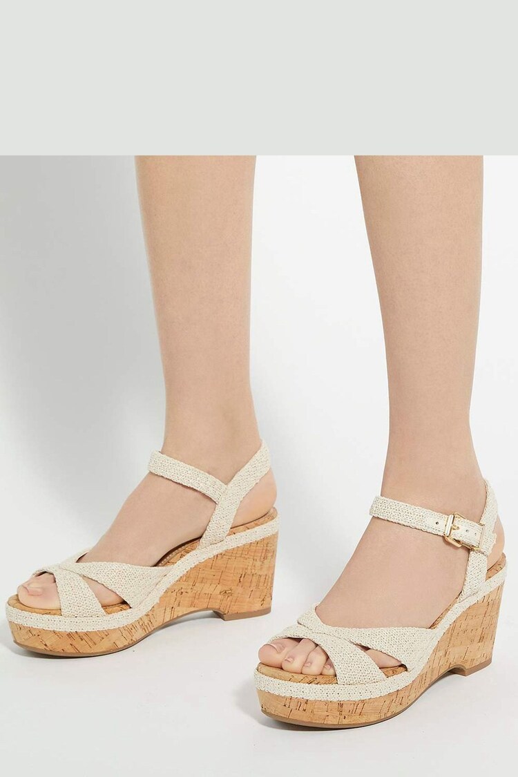 Dune London Cream Wide Fit Kelulu Cork Cross Wrap Wedge Sandals - Image 1 of 1