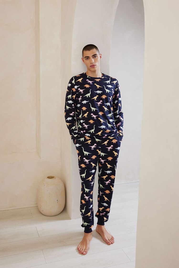 Chelsea Peers Blue Dinosaur Print Long Pyjama Set - Image 1 of 1