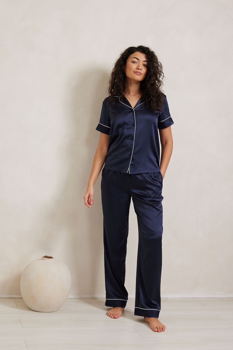 Chelsea Peers Blue Satin Lace Trim Short Sleeve Long Pyjama Set - Image 1 of 1
