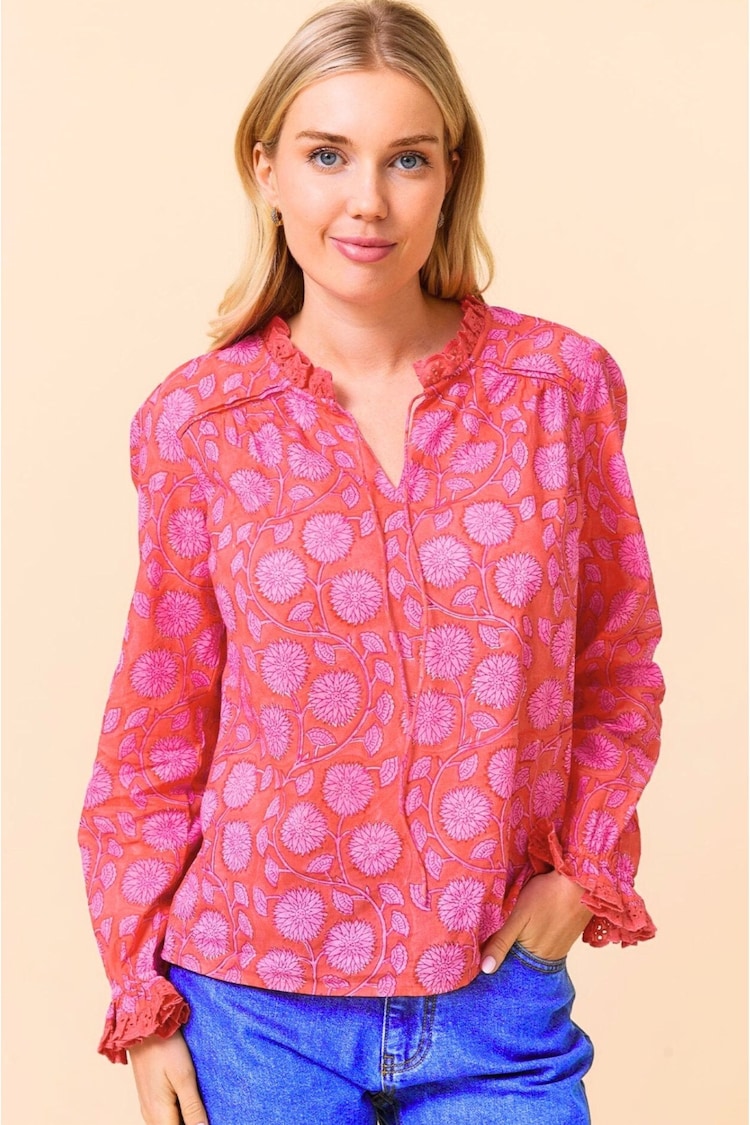 Aspiga Red Rosie Block Print 100% Cotton Blouse - Image 1 of 1