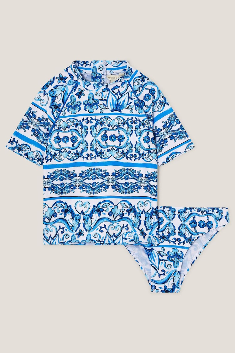 Monsoon Blue Floral Print UPF50+ Rash Vest and Swim Briefs Set - Image 1 of 1