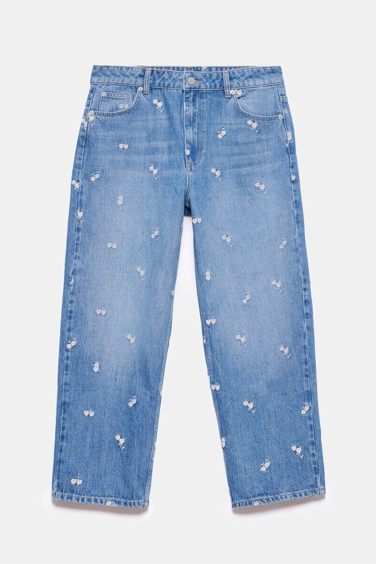 Mint Velvet Blue 100% Cotton Embroidered Floral Relaxed Jeans - Image 1 of 1