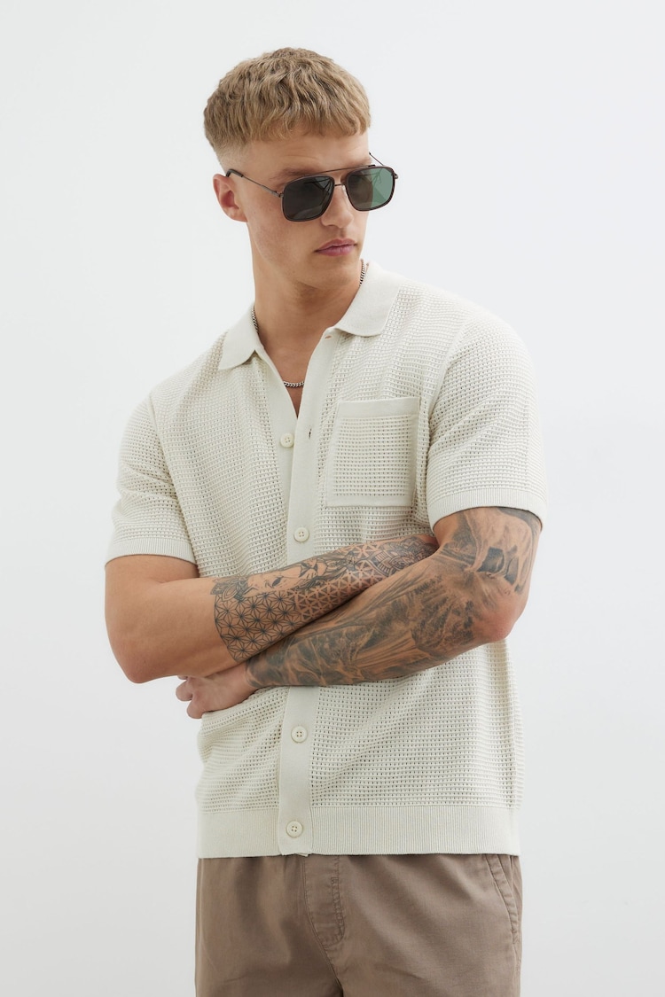 River Island Cream Regular Fit Short Sleeve Crochet 100% Cotton Shirt - Image 1 of 1