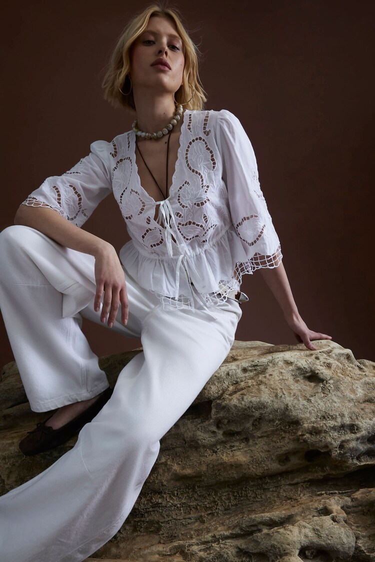 River Island White 100% Cotton 3/4 Sleeve Tie Front Cutwork Blouse - Image 1 of 1