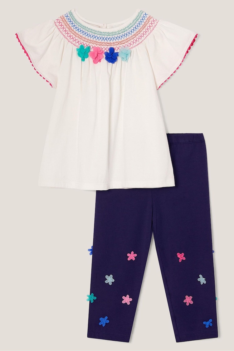 Monsoon Natural 100% Cotton 3D Flower Embroidered Top and Leggings Set - Image 1 of 1