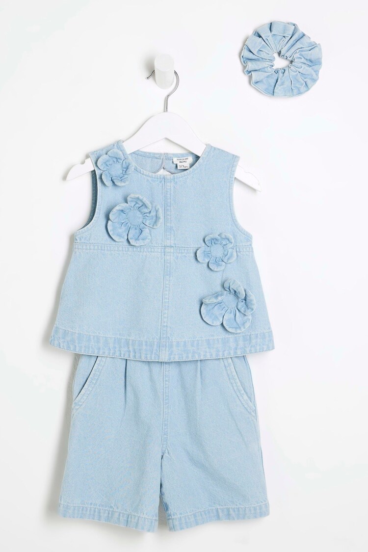 River Island Blue Girls 100% Cotton Outfit and Scrunchie Dress - Image 1 of 1