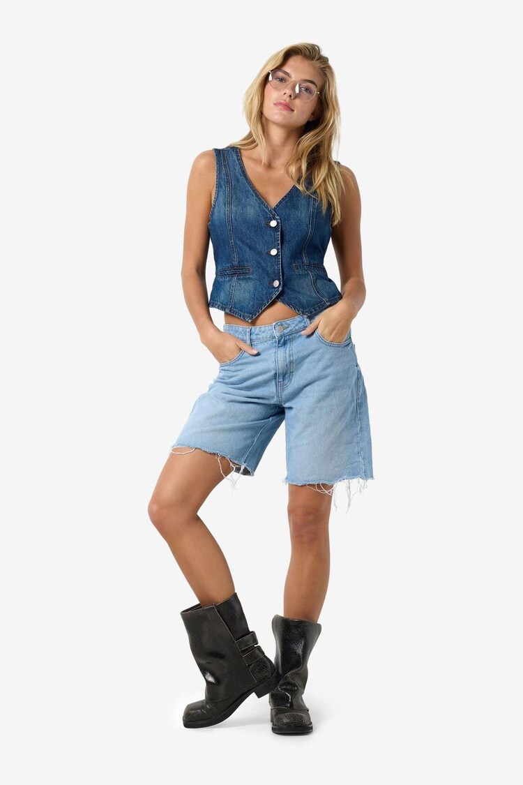 NOISY MAY Blue Chrome Loose Bermuda 100% Cotton Shorts - Image 1 of 1 NOISY MAY Blue Chrome Loose Bermuda 100% Cotton Shorts - Image 1 of 1