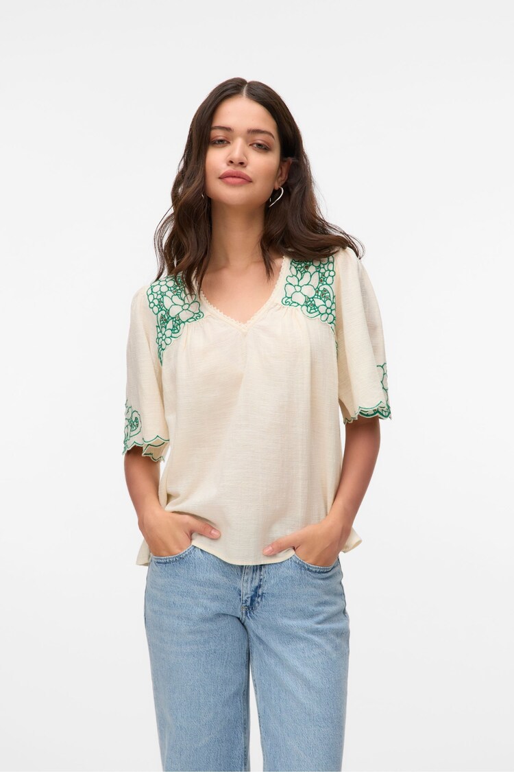 VERO MODA Cream Embroidered Short Sleeve Blouse - Image 1 of 1
