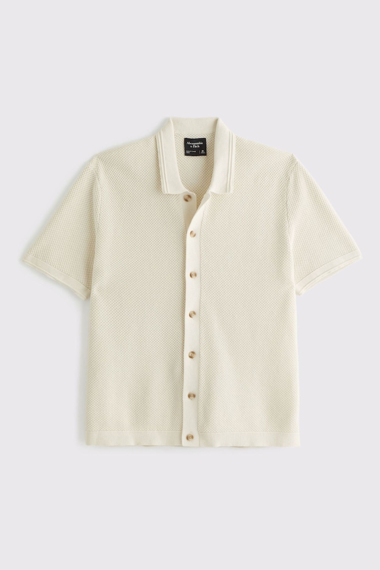 Creme - Abercrombie & Fitch 100% Cotton Knitted Button Through Polo Shirt - Bild 1 von 1