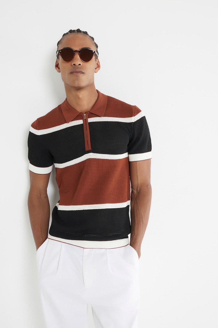 River Island Brown Pointelle Blocked Polo Shirt - Image 1 of 1