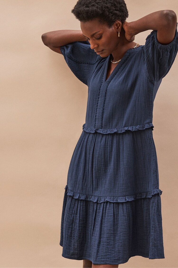 Ro&Zo Blue Short Sleeve Cheesecloth 100% Cotton Mini Dress - Image 1 of 1