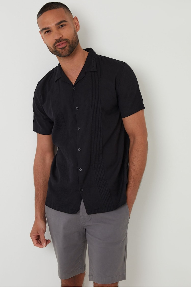 Threadbare Black Pleat Detail Linen Blend Short Sleeve Shirt - Image 1 of 1