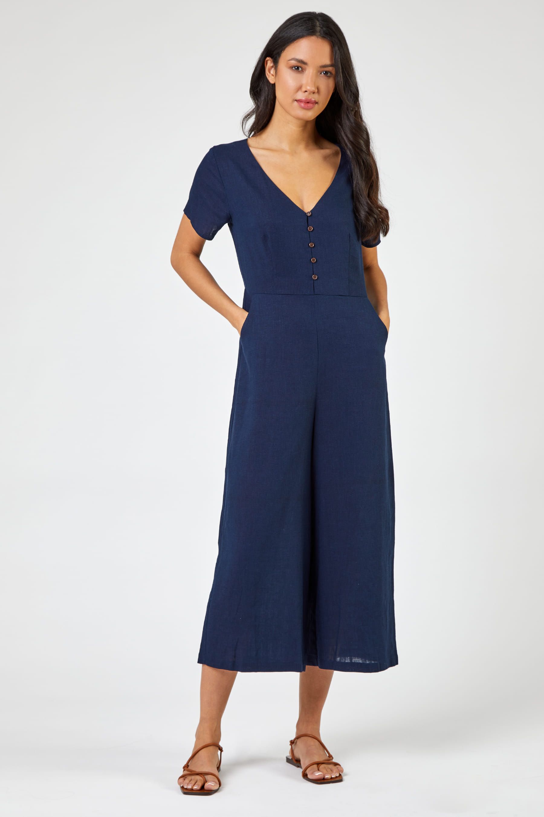 Buy Roman Navy Blue Wide Leg Jumpsuit with a Touch of Linen from the ...