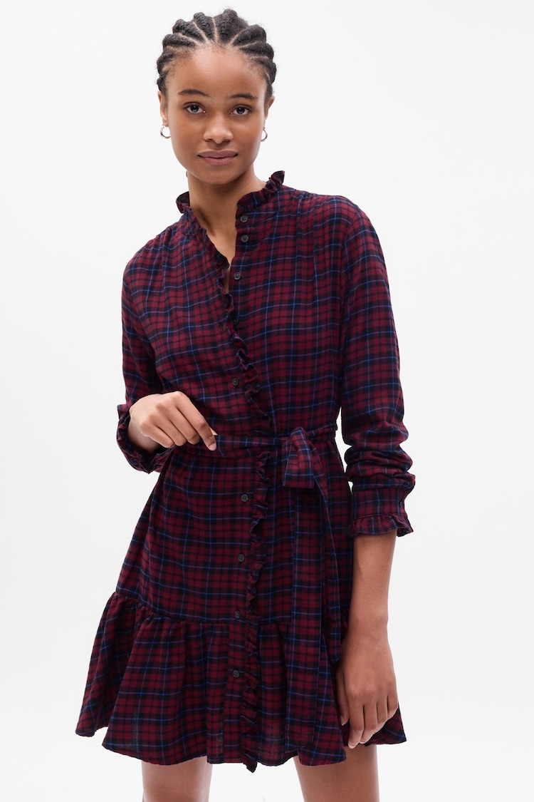 Gap Berry Red Tiered Ruffle Long Sleeve Check Mini Dress - Image 1 of 1