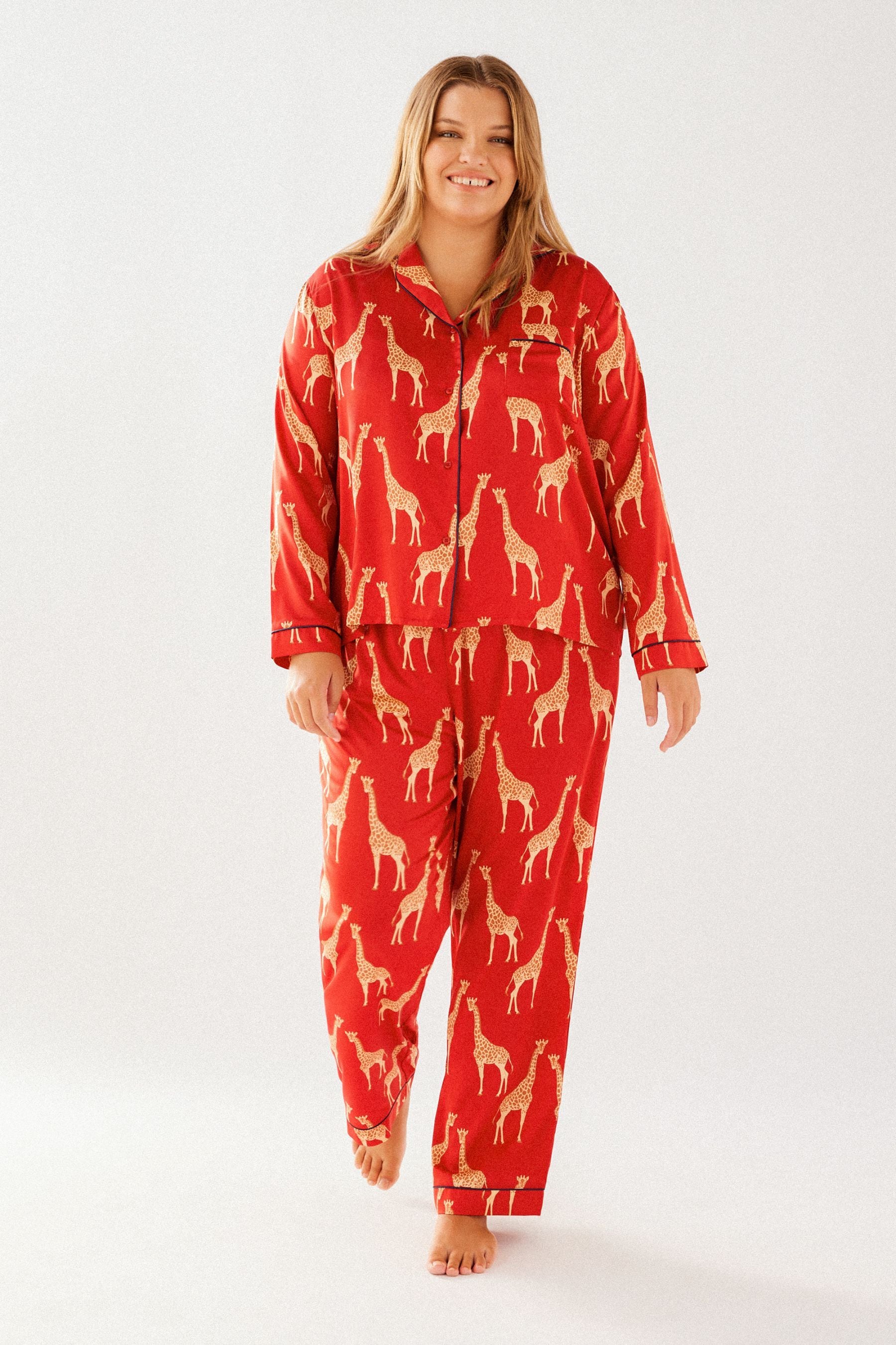 Buy Chelsea Peers Red Giraffe Curve Curve Satin Button Up Long Pyjama ...