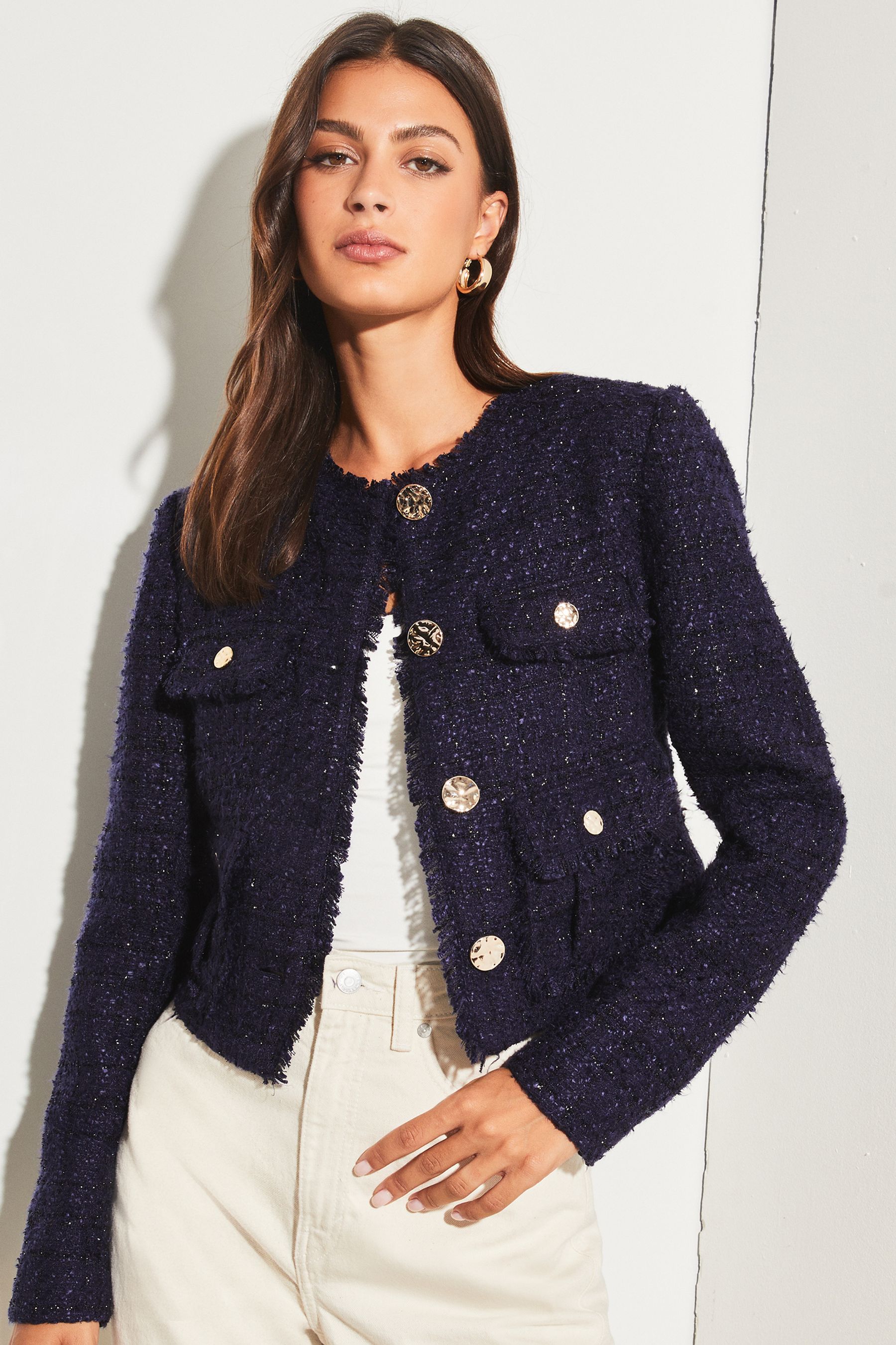 Buy Lipsy Navy Blue Boucle Cropped Tailored Button Through Pocket ...