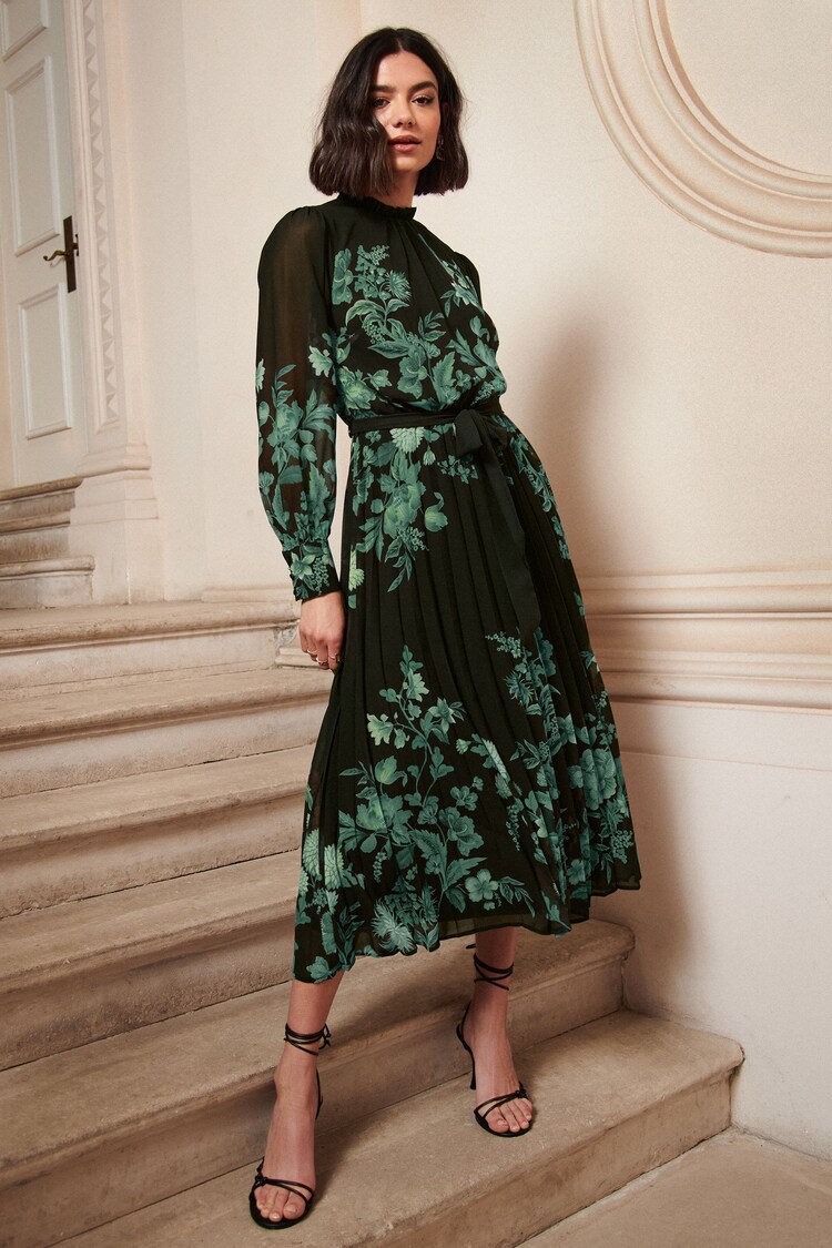 Love & Roses Langärmeliges, plissiertes Midi-Sommerkleid mit Rüschenausschnitt und Print - Bild 1 von 1