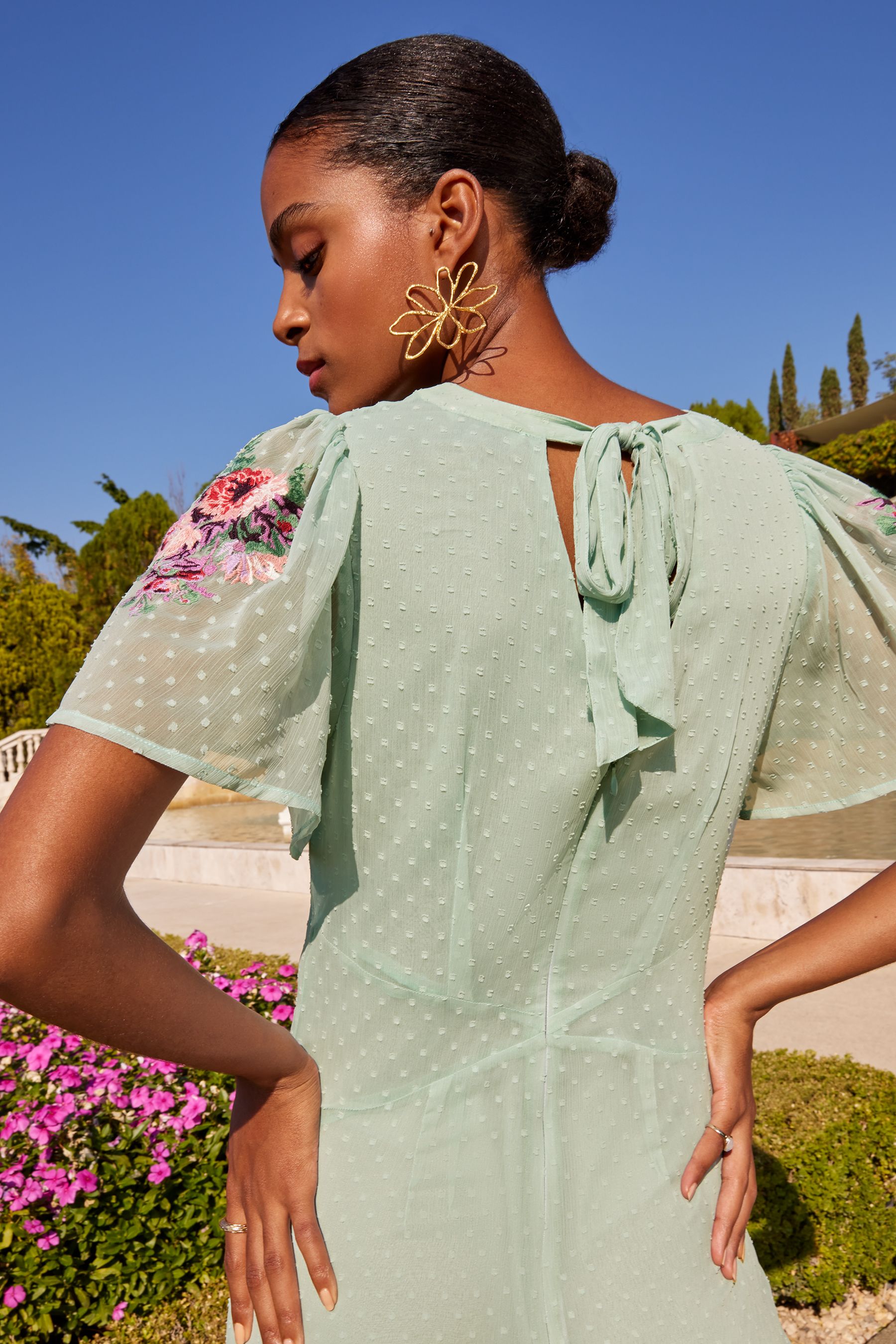 Buy V&A | Love & Roses Sage Green Embroidered Embroidered V Neck Dobby ...