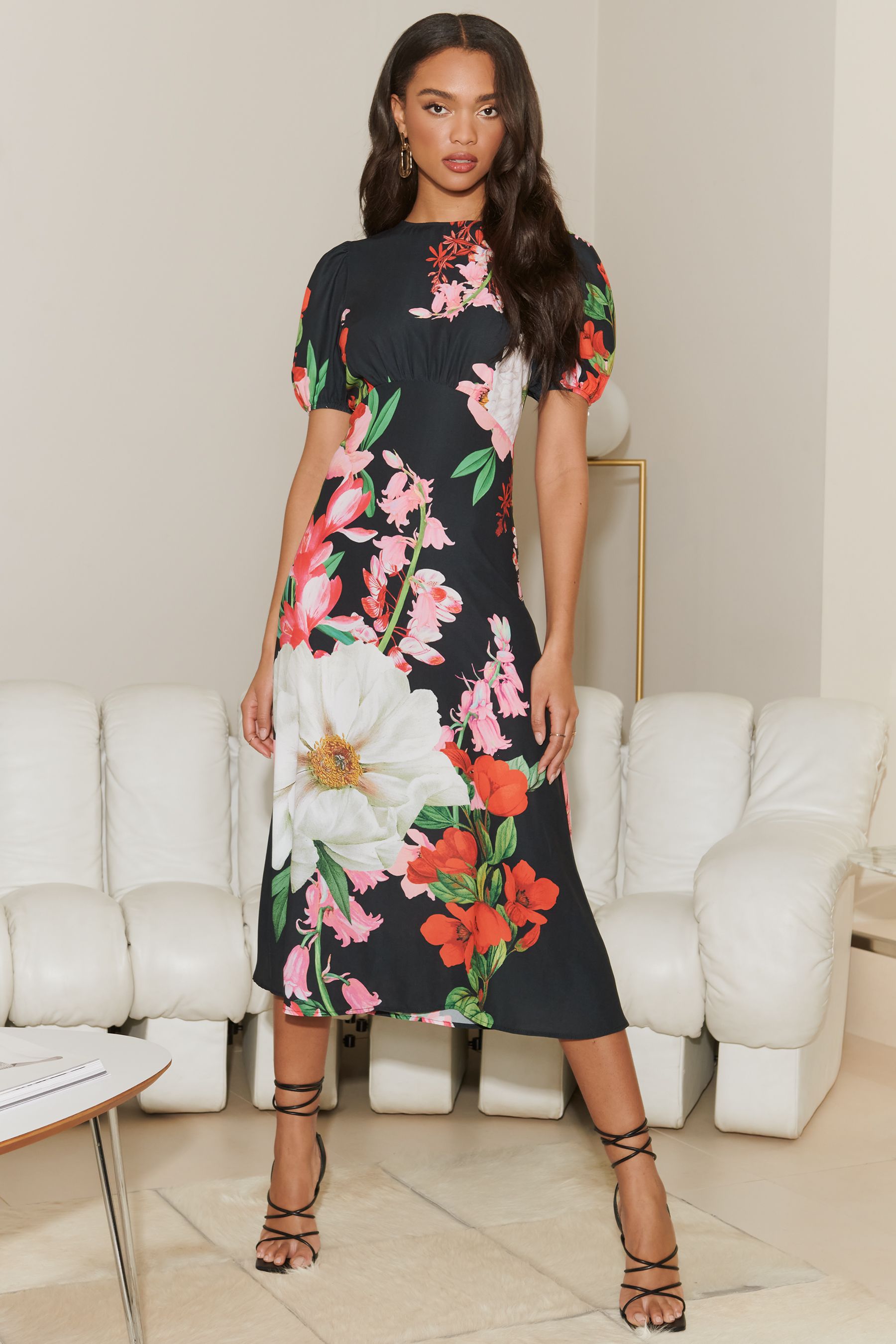 Buy Lipsy Black Floral Woven Underbust Puff Sleeve Summer Midi Dress
