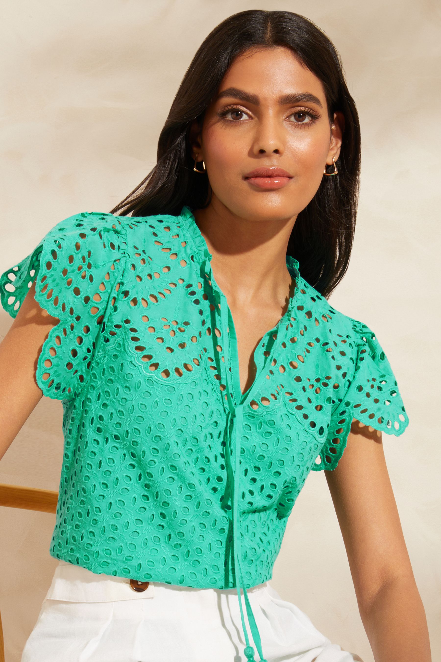Buy Love & Roses Green Tie Neck Broderie Ruffle Short Sleeve Shell Top