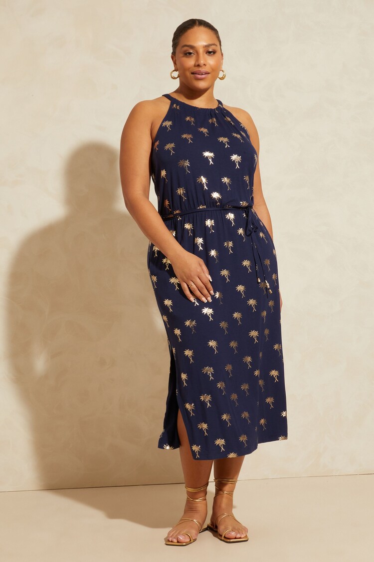 Love & Roses Navy Foil Palm Curve Print Jersey Halter Waist Tie Midi Dress - Image 1 of 1