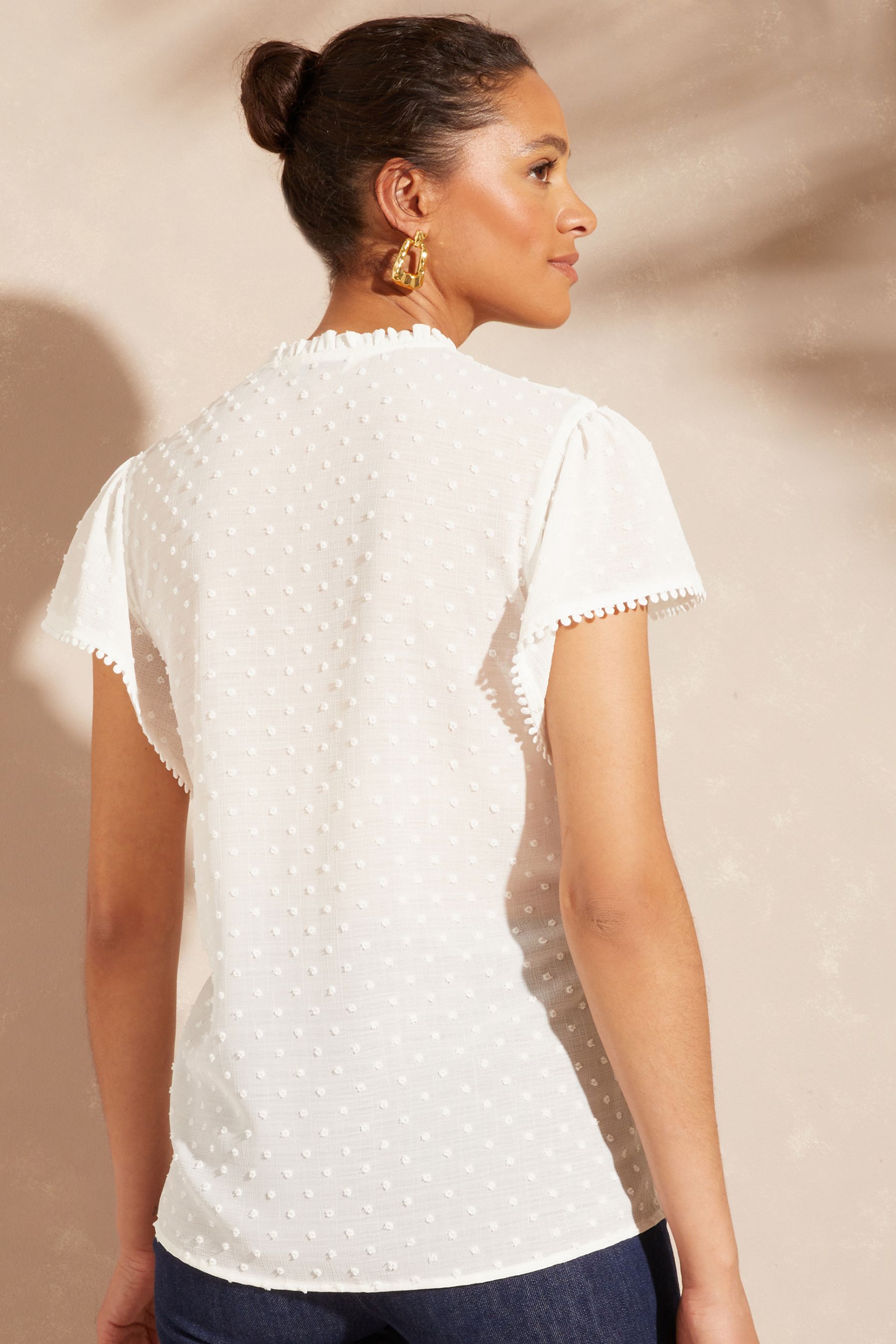 Buy Love & Roses Ivory Dobby Spot Ruffle V Neck Flutter Sleeve Blouse ...