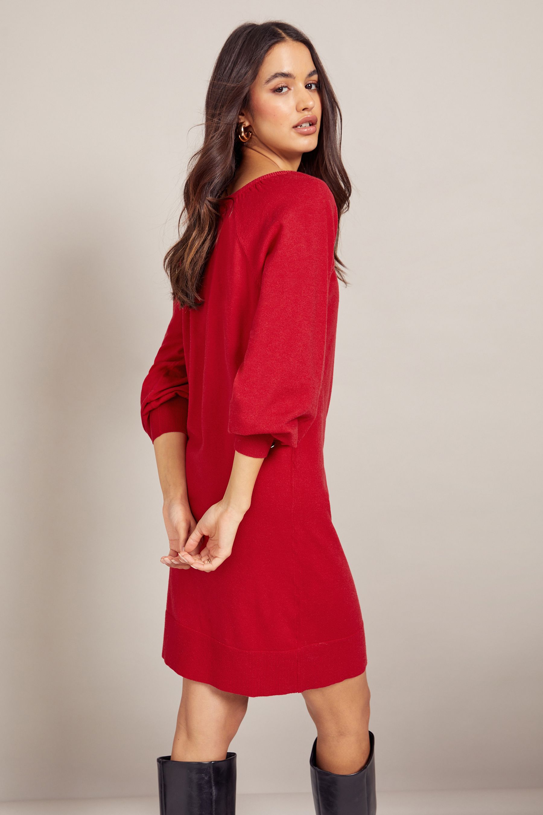 Buy Friends Like These Red Button Cuff Knitted Scoop Neck Jumper Dress