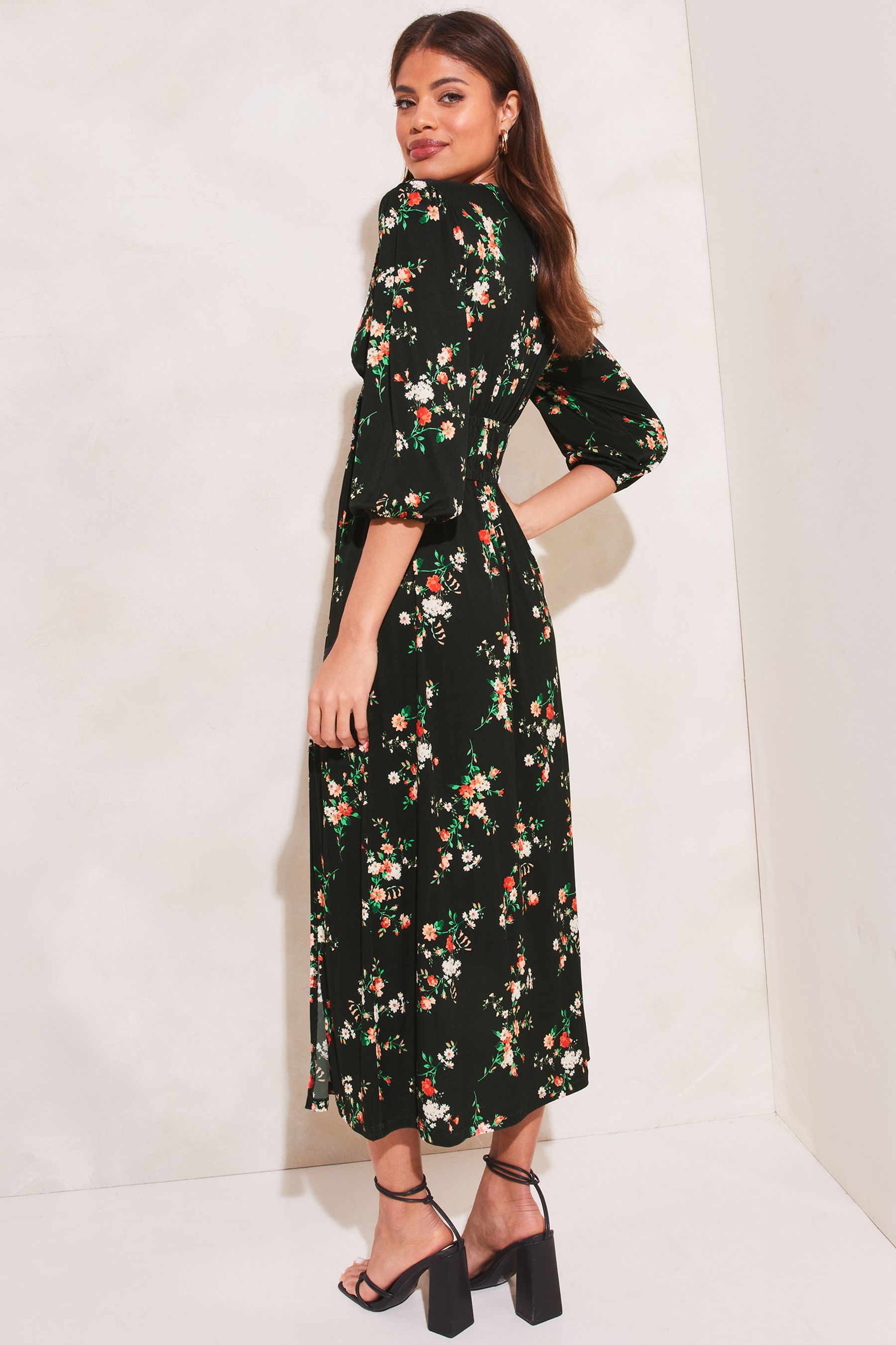 Buy Lipsy Black Floral Jersey Long Sleeved Channelled Waist Midi Dress