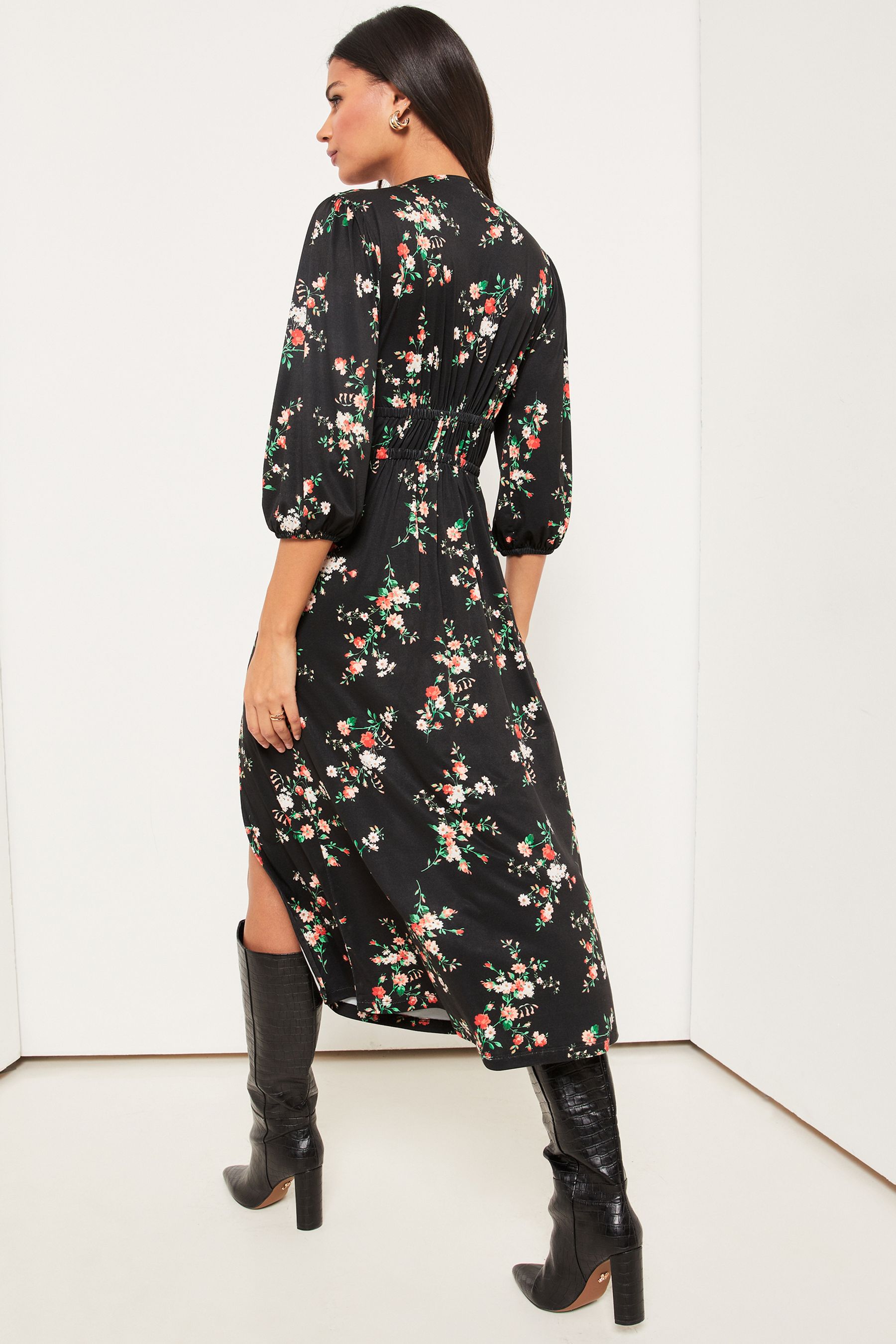 Buy Lipsy Black Floral Petite Jersey Long Sleeved Channelled Waist Midi