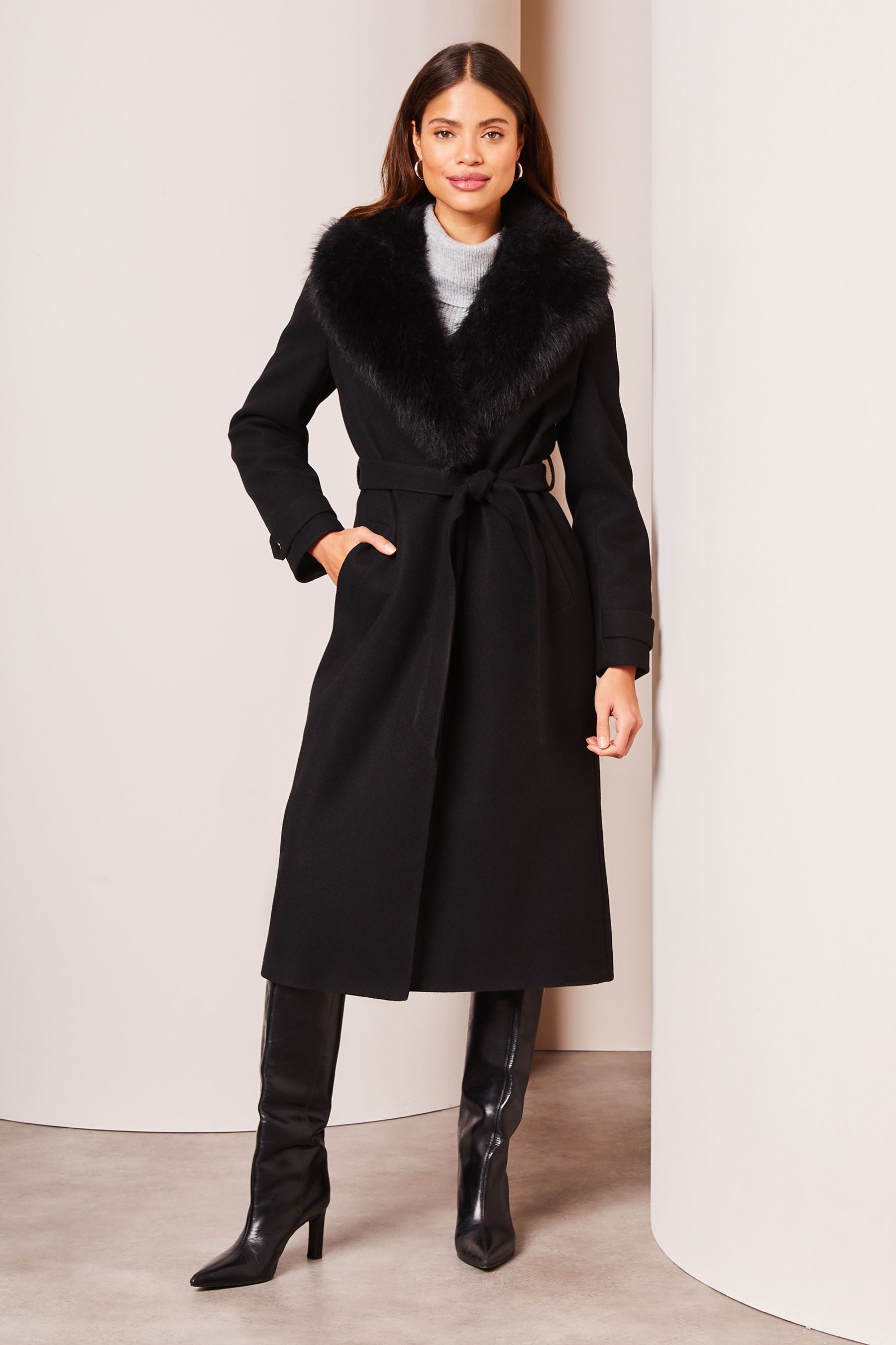 Buy Lipsy Black Faux Fur Collar Belted Longline Wrap Coat from Next Ireland