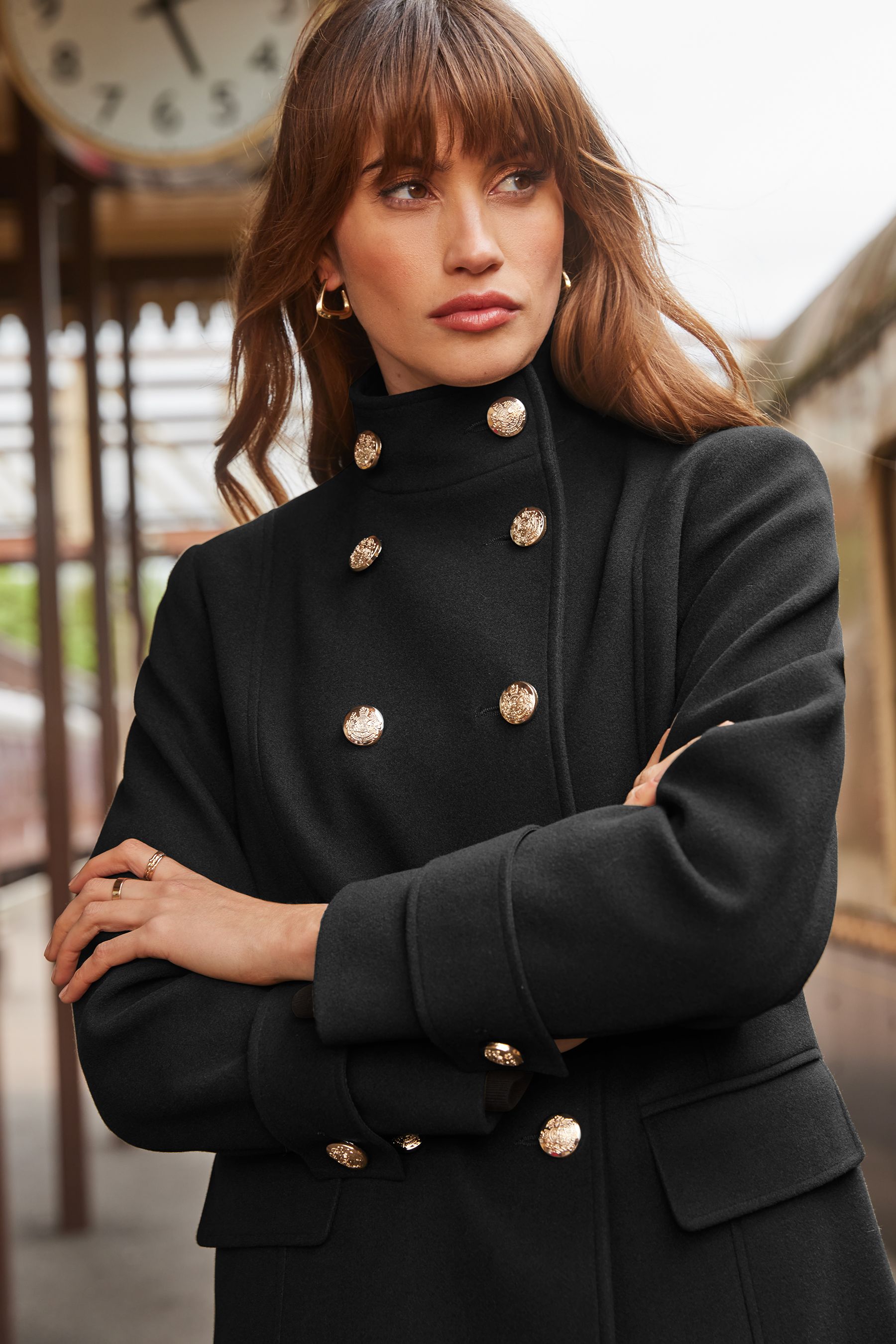 Buy Love & Roses Black Funnel Neck Short Double Breasted Military Coat