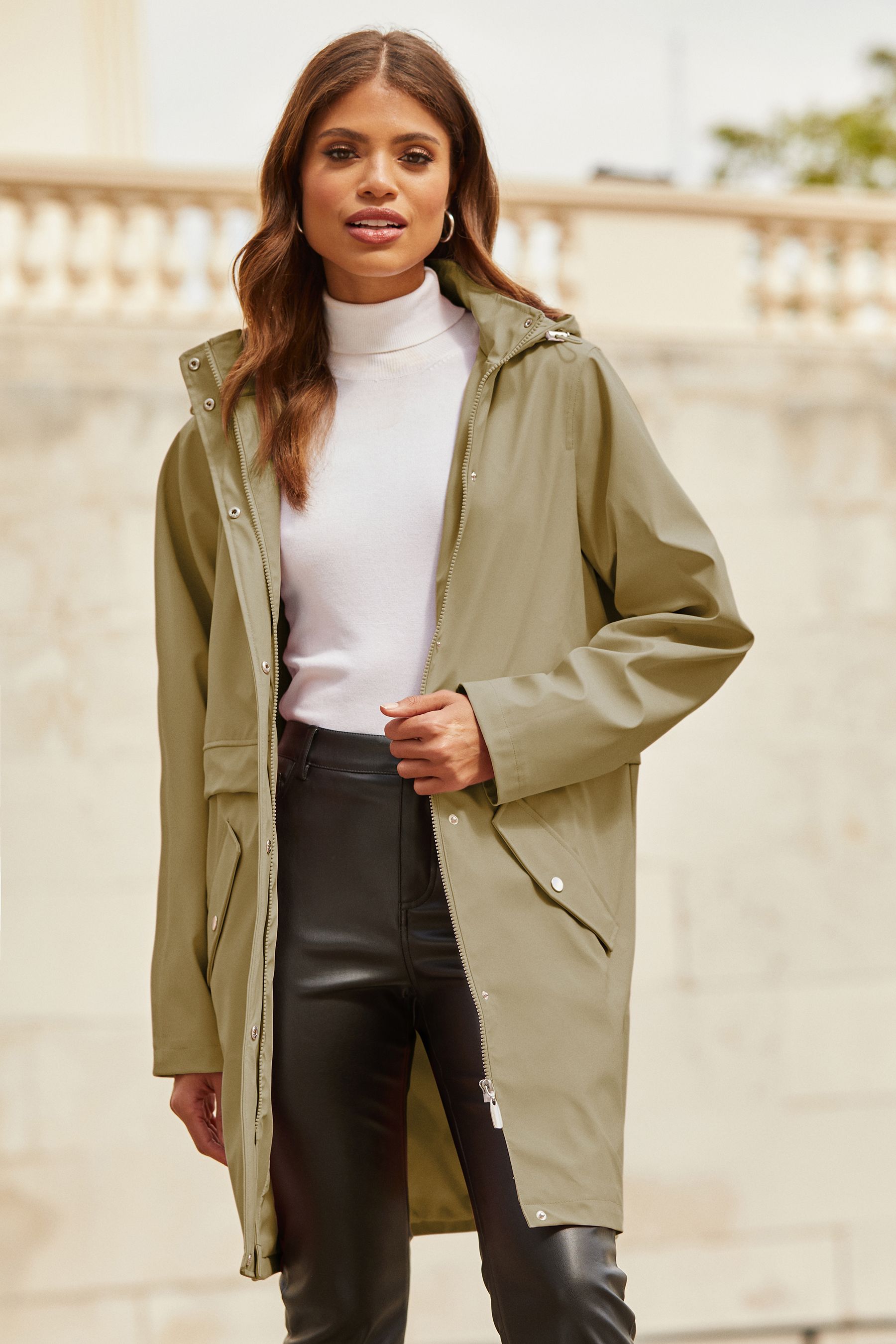 Buy Lipsy Khaki Green Rubberised Shower Resistant Rain Mac Coat from